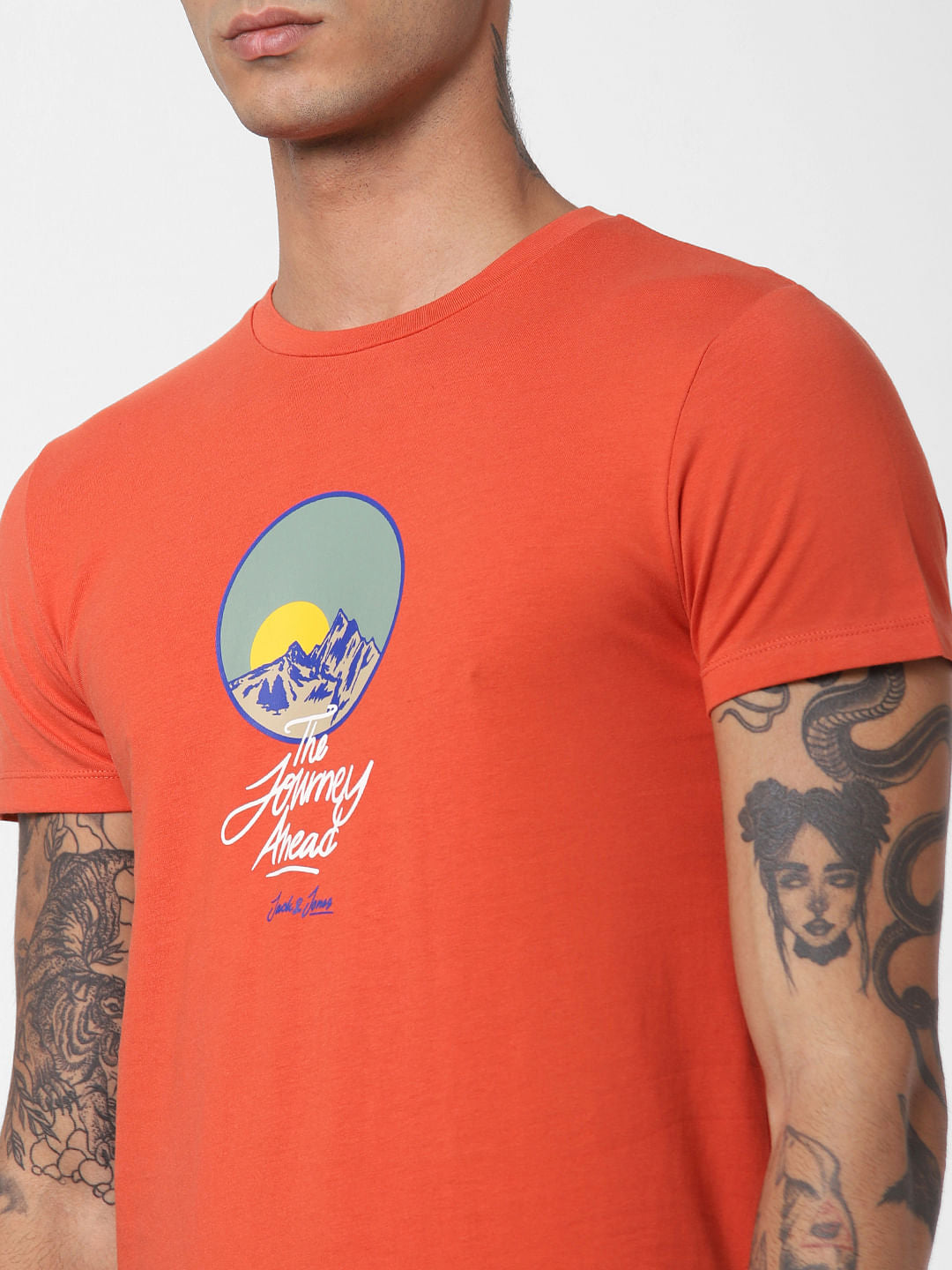 Orange Graphic Print Crew Neck T-shirt