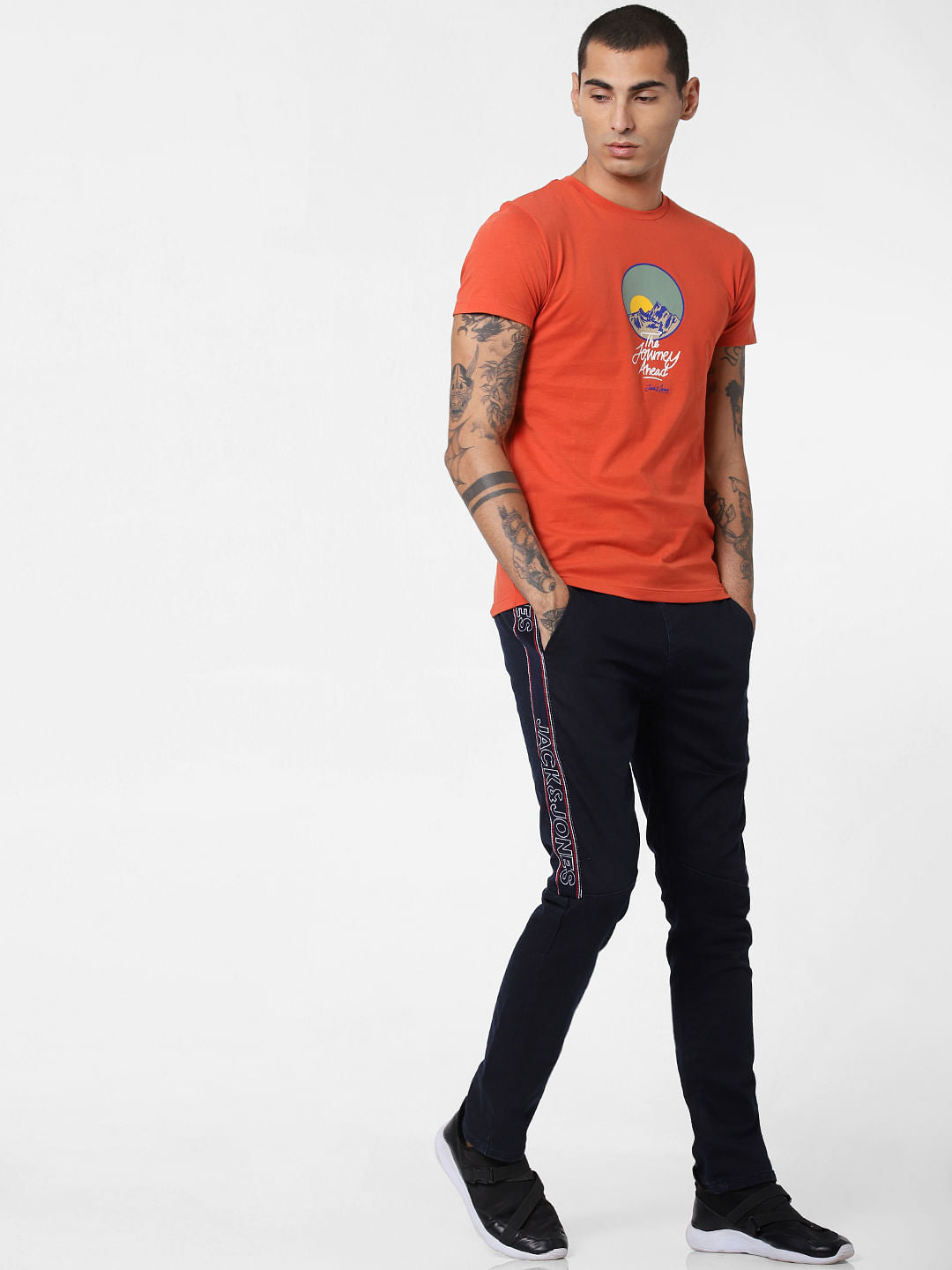 Orange Graphic Print Crew Neck T-shirt
