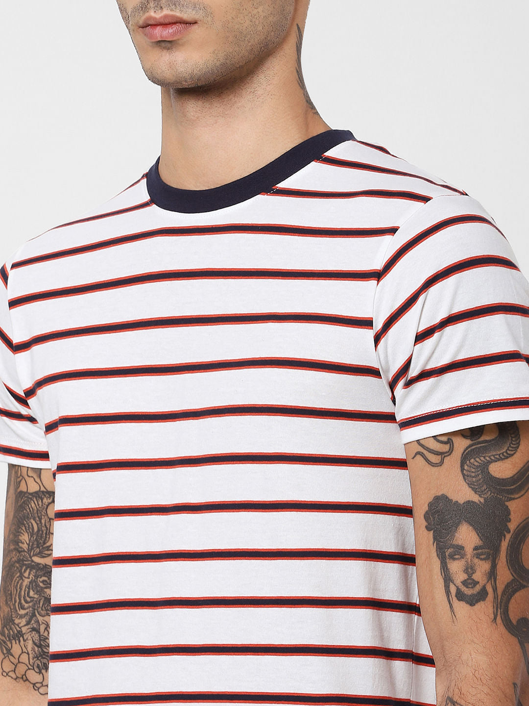 White Striped Crew Neck T-shirt