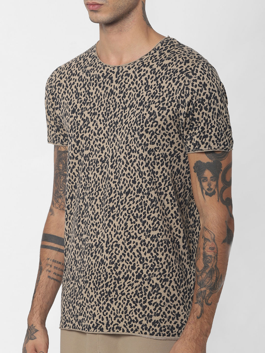 Light Brown Animal Print Crew Neck T-shirt