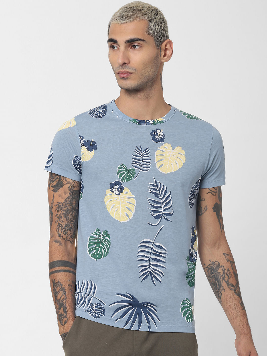 Blue Tropical Print Crew Neck T-shirt
