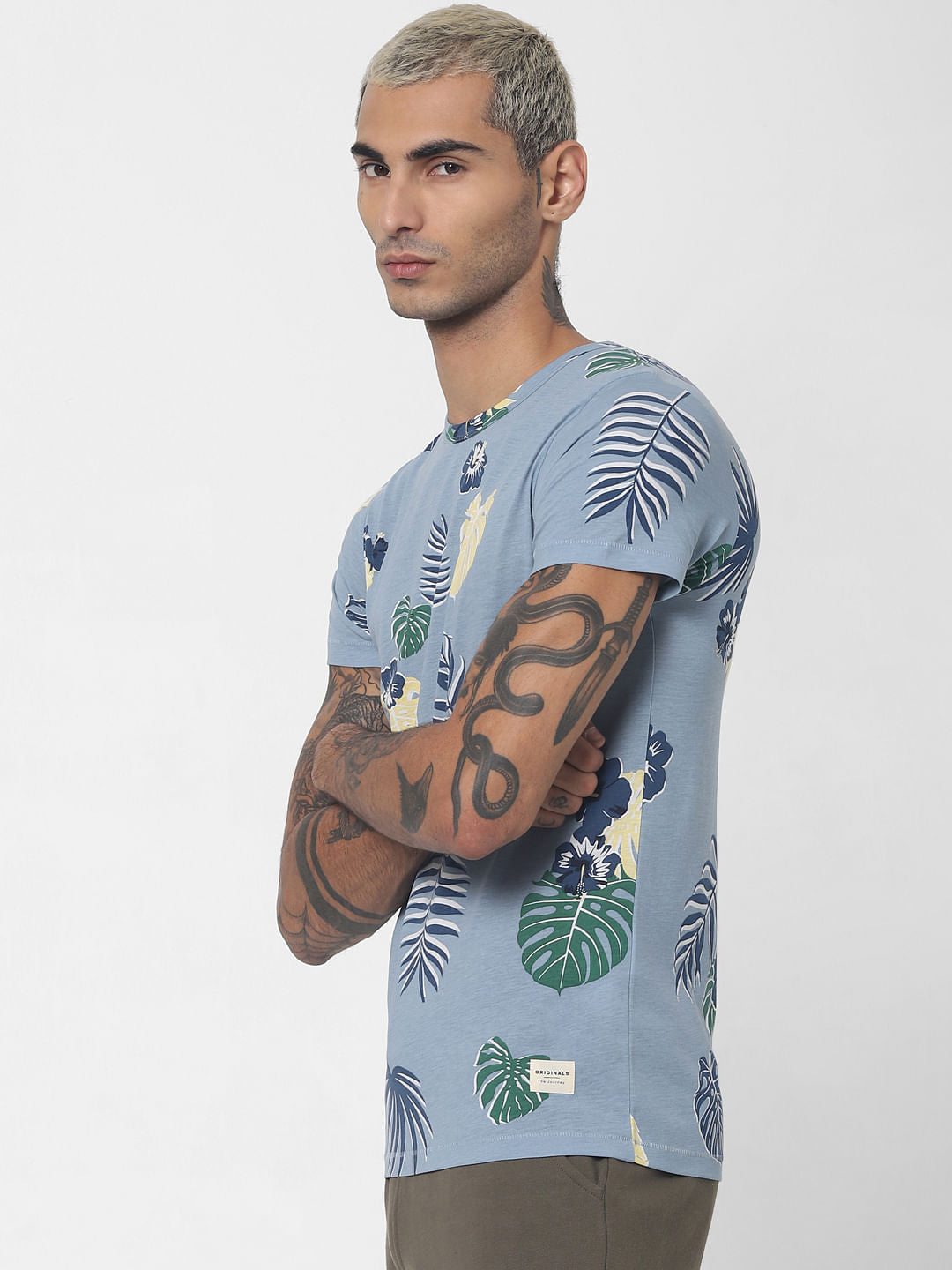 Blue Tropical Print Crew Neck T-shirt