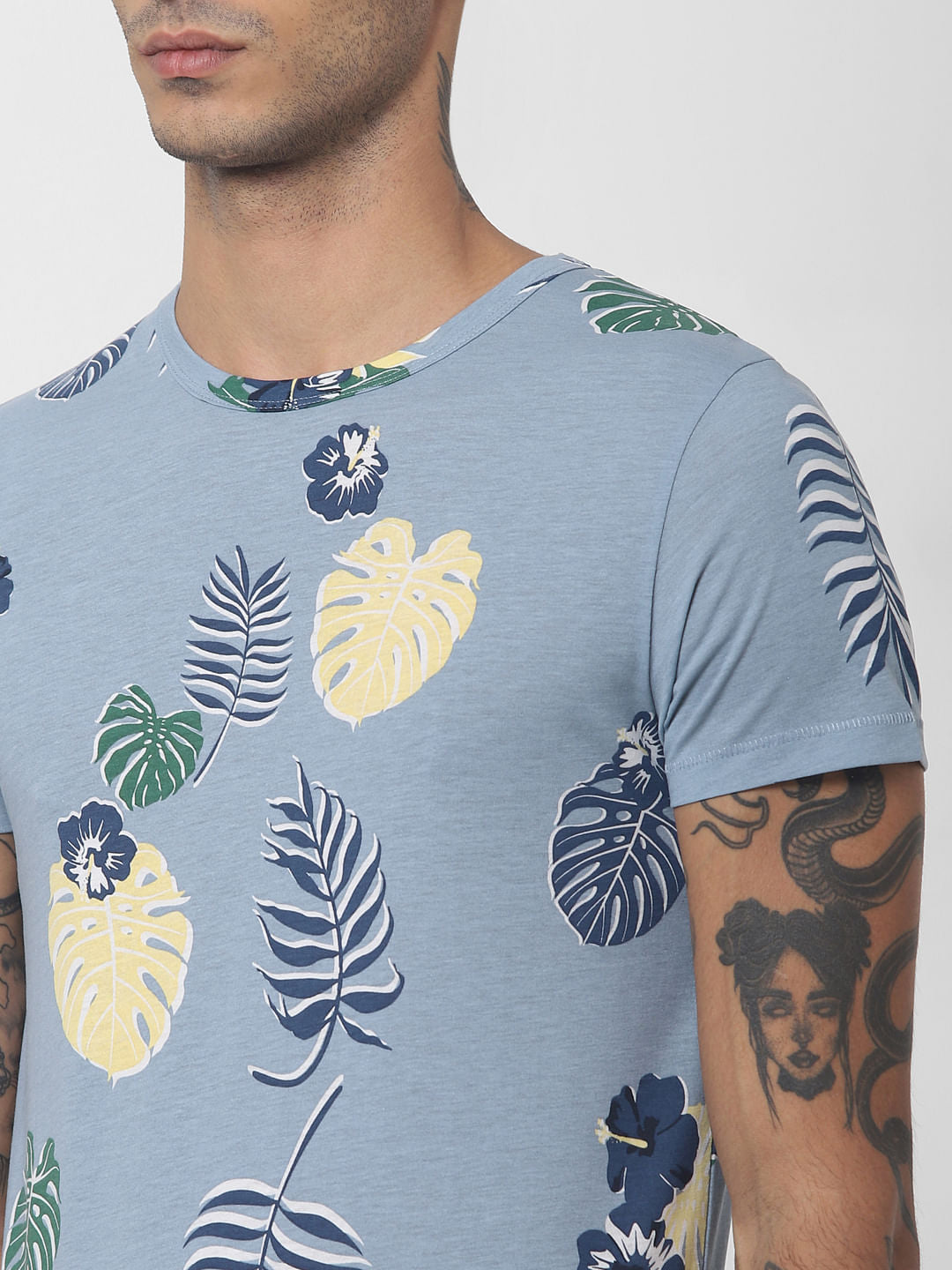 Blue Tropical Print Crew Neck T-shirt