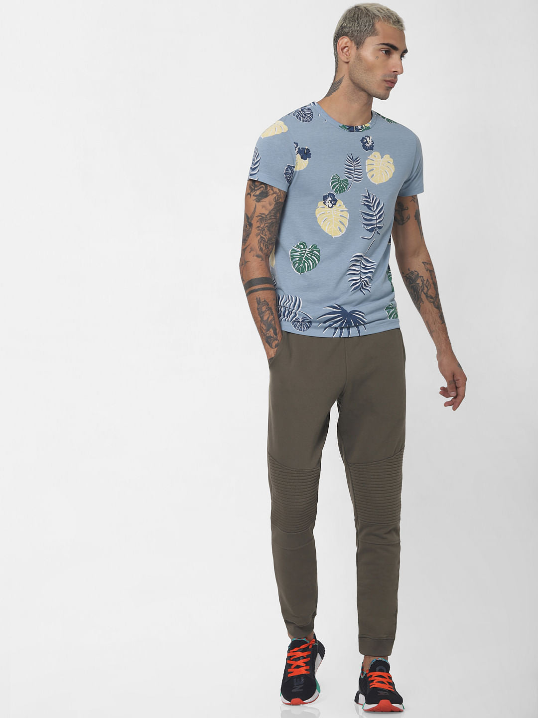 Blue Tropical Print Crew Neck T-shirt