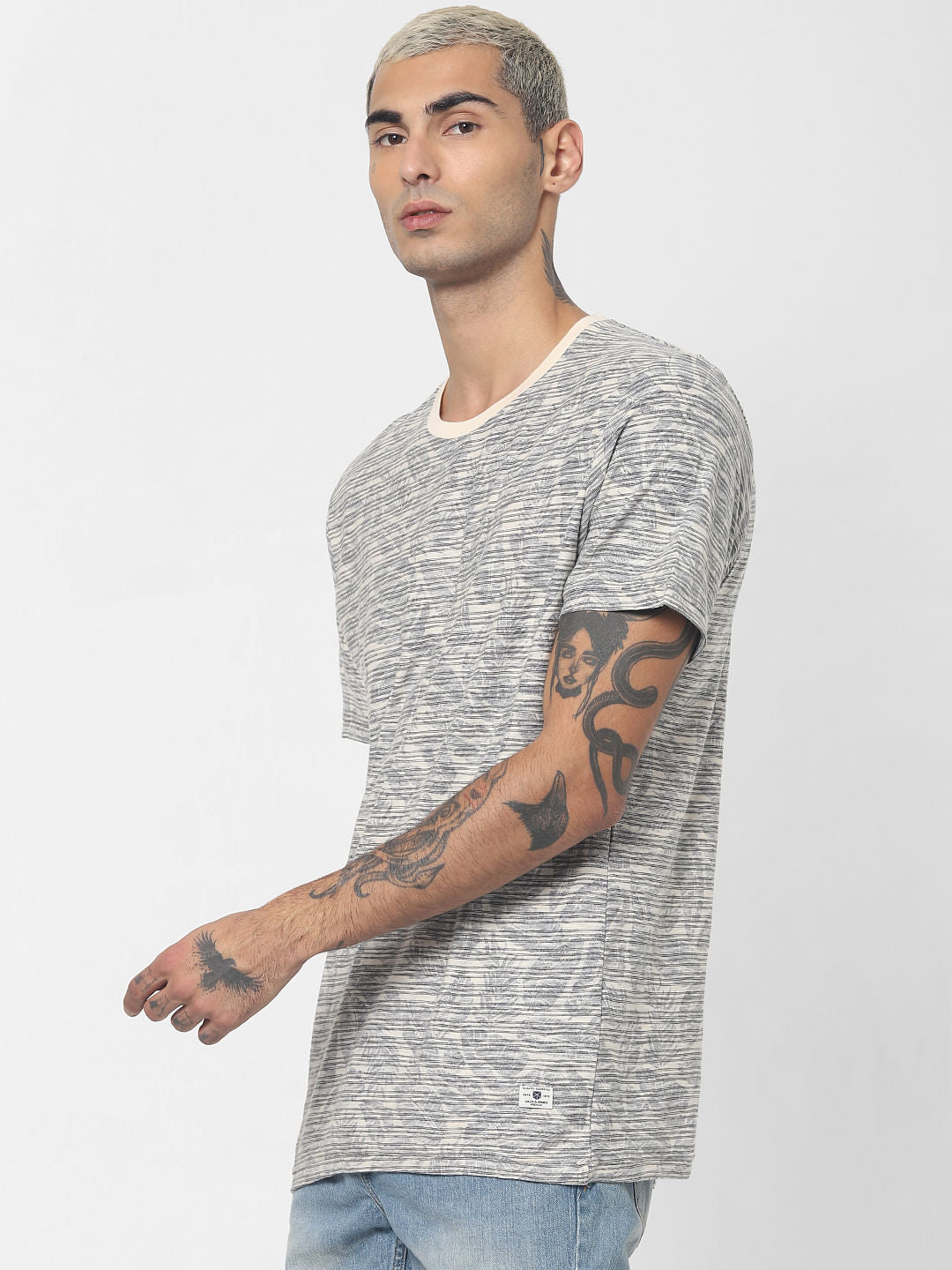 Ecru All Over Print Crew Neck T-shirt