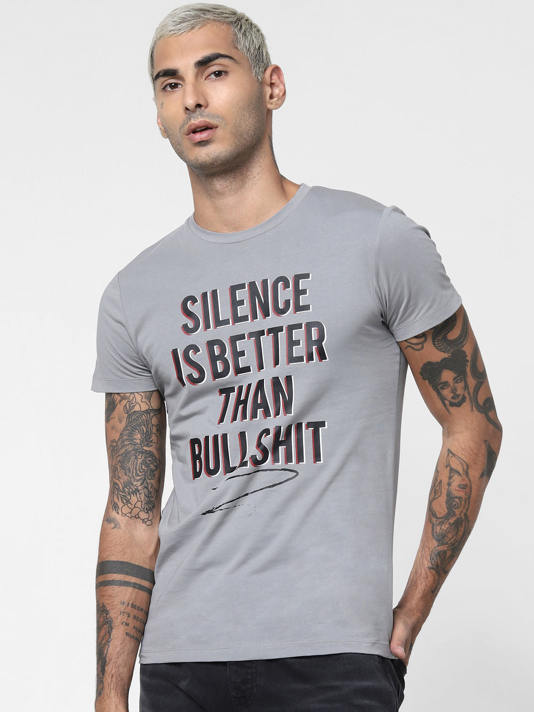 Grey Slogan Print Crew Neck T-shirt