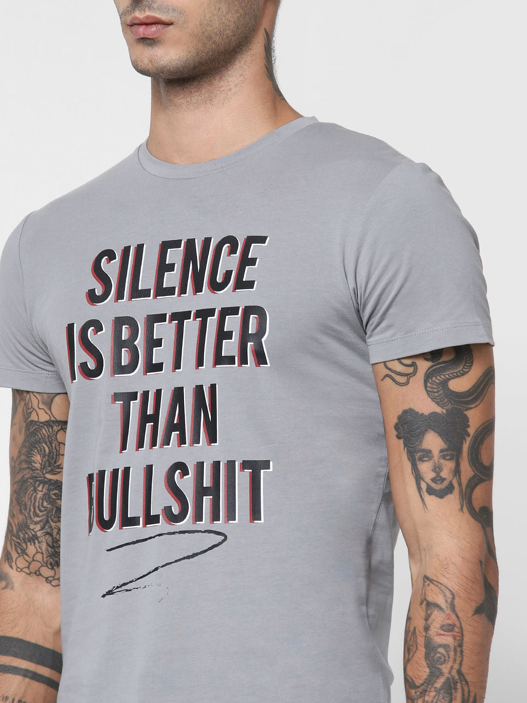 Grey Slogan Print Crew Neck T-shirt