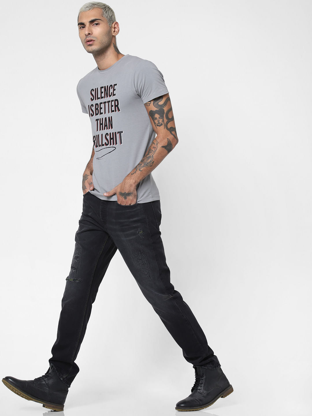 Grey Slogan Print Crew Neck T-shirt
