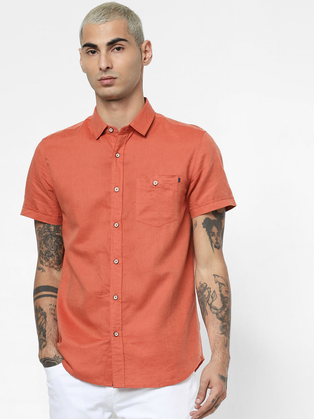 Rust Linen Short Sleeves Shirt