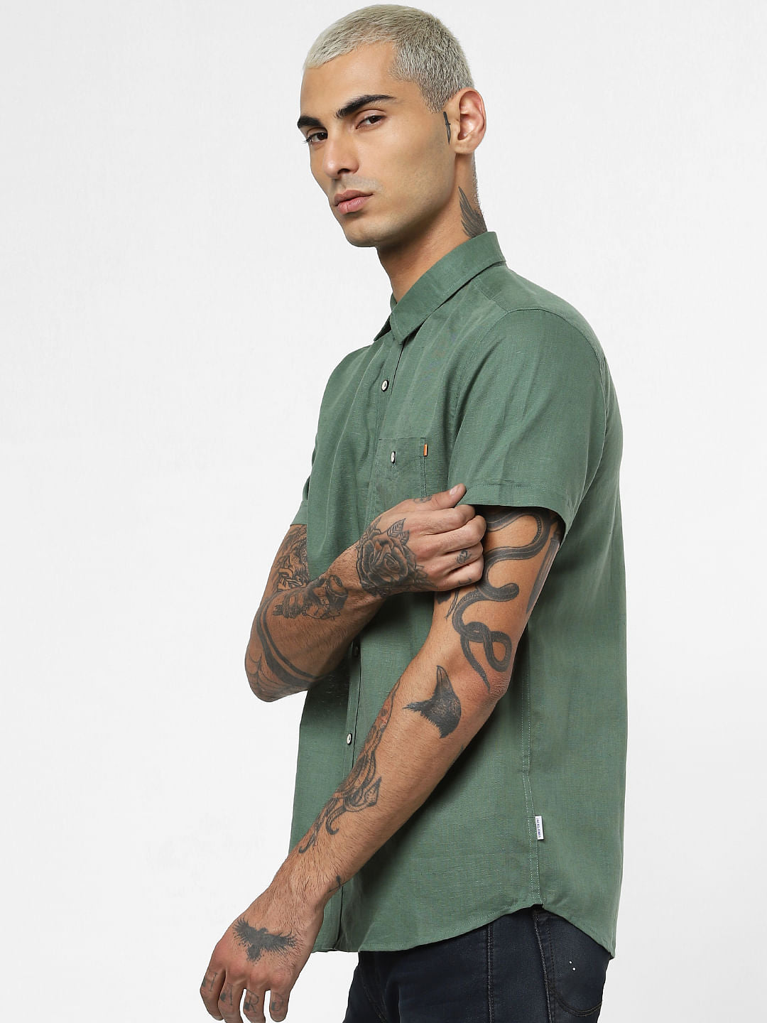 Green Linen Short Sleeves Shirt