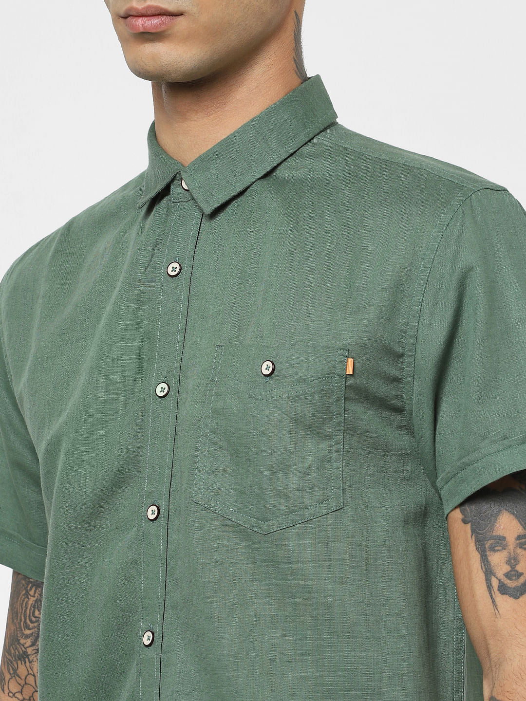 Green Linen Short Sleeves Shirt