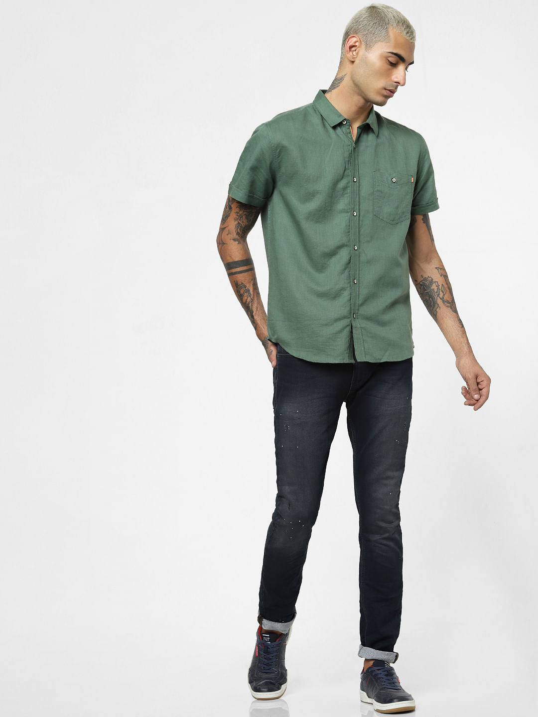 Green Linen Short Sleeves Shirt