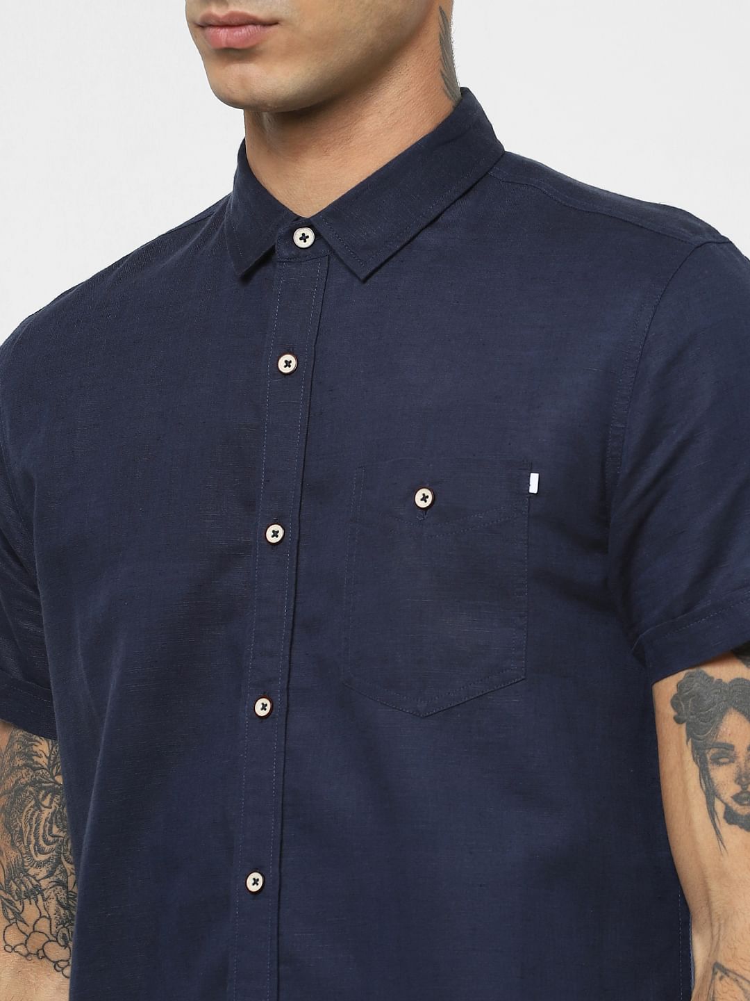 Dark Blue Linen Short Sleeves Shirt