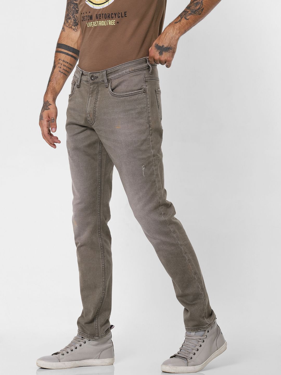 Taupe Low Rise Heavily Washed Slim Fit Jeans