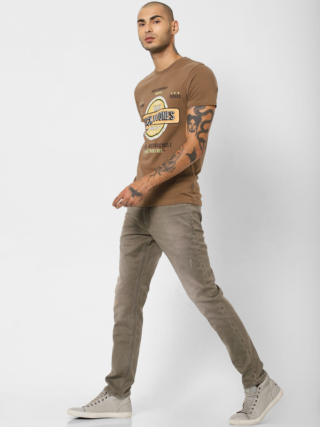 Taupe Low Rise Heavily Washed Slim Fit Jeans