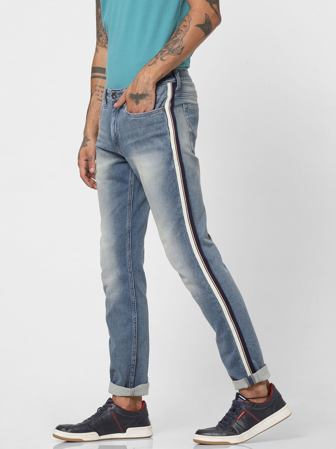 Light Blue Low Rise Tape Detail Glenn Slim Jeans