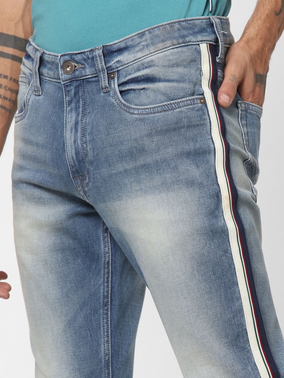 Light Blue Low Rise Tape Detail Glenn Slim Jeans
