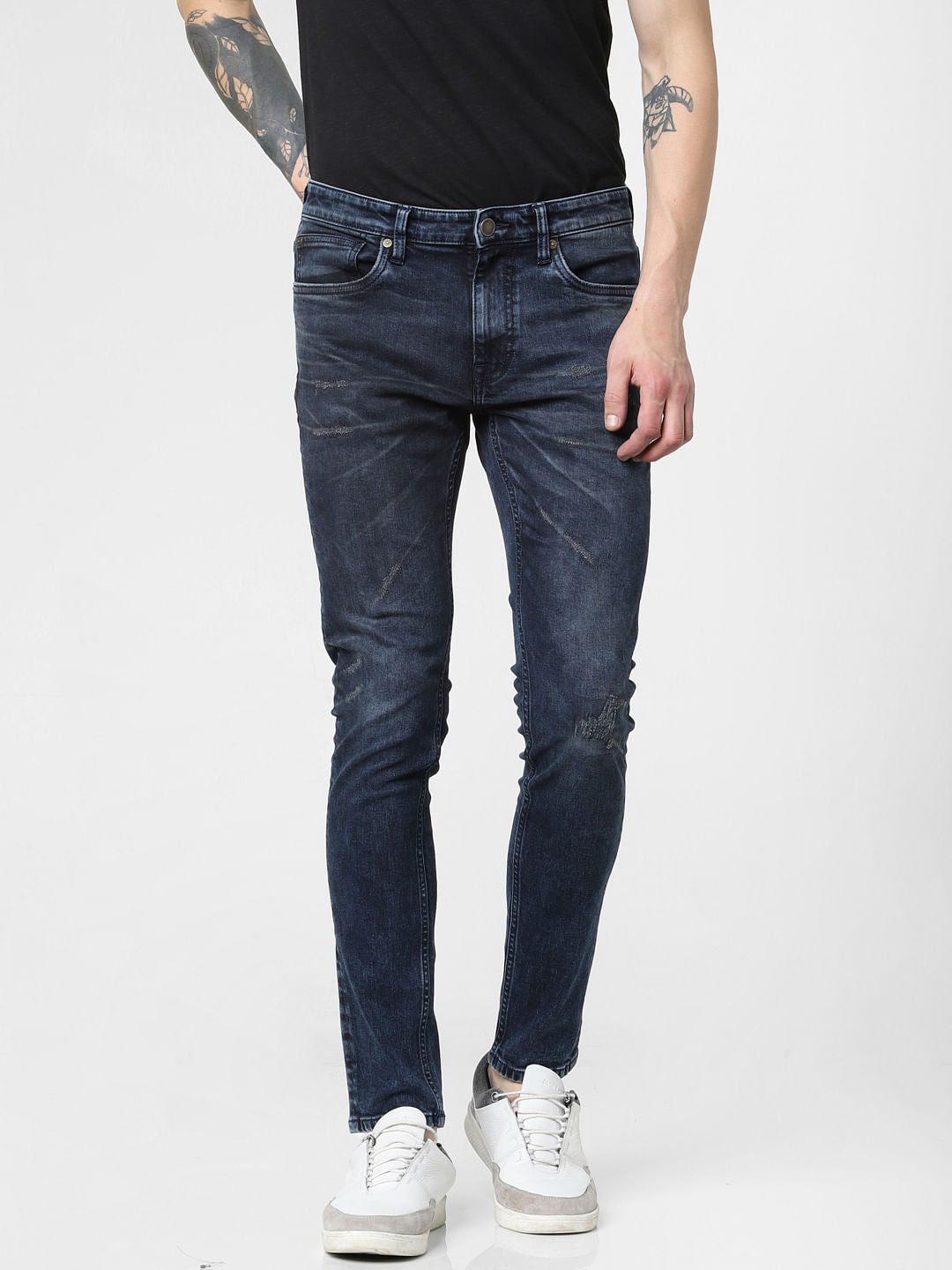 Dark Blue Low Rise Distressed Liam Skinny Jeans