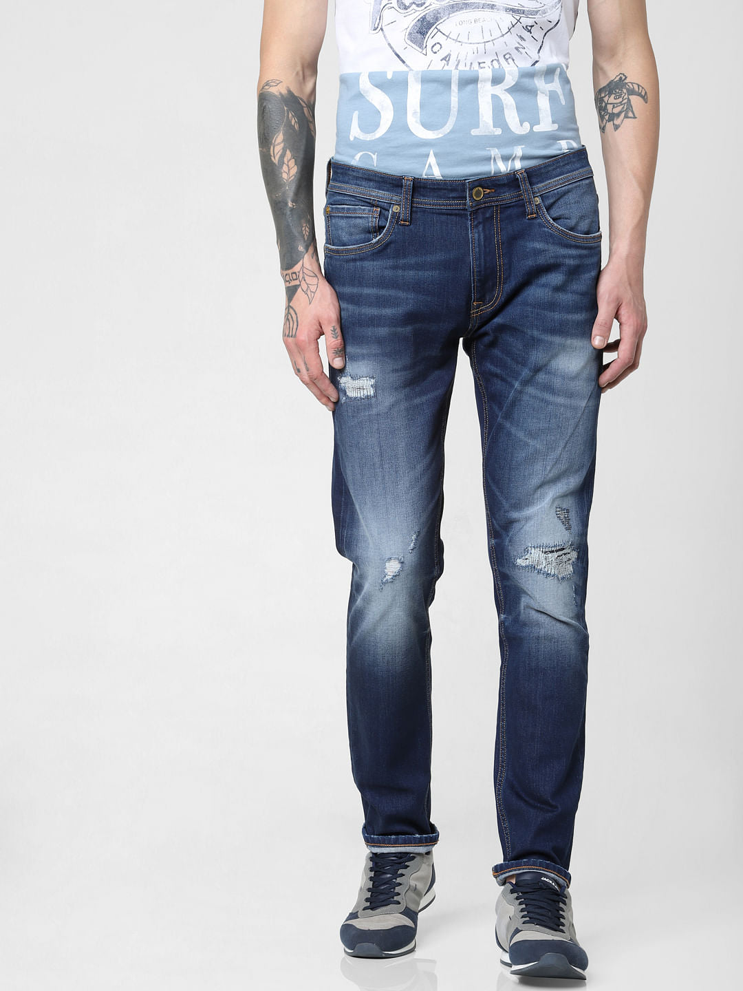 Dark Blue Low Rise Washed Tim Anti Fit Jeans