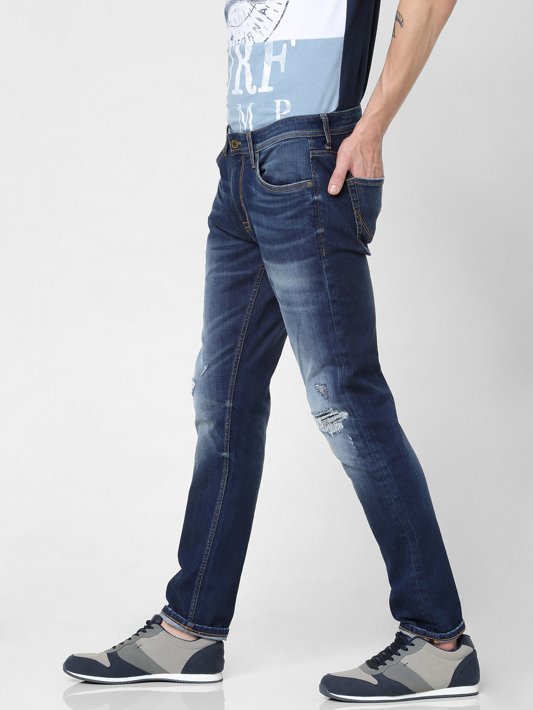 Dark Blue Low Rise Washed Tim Anti Fit Jeans