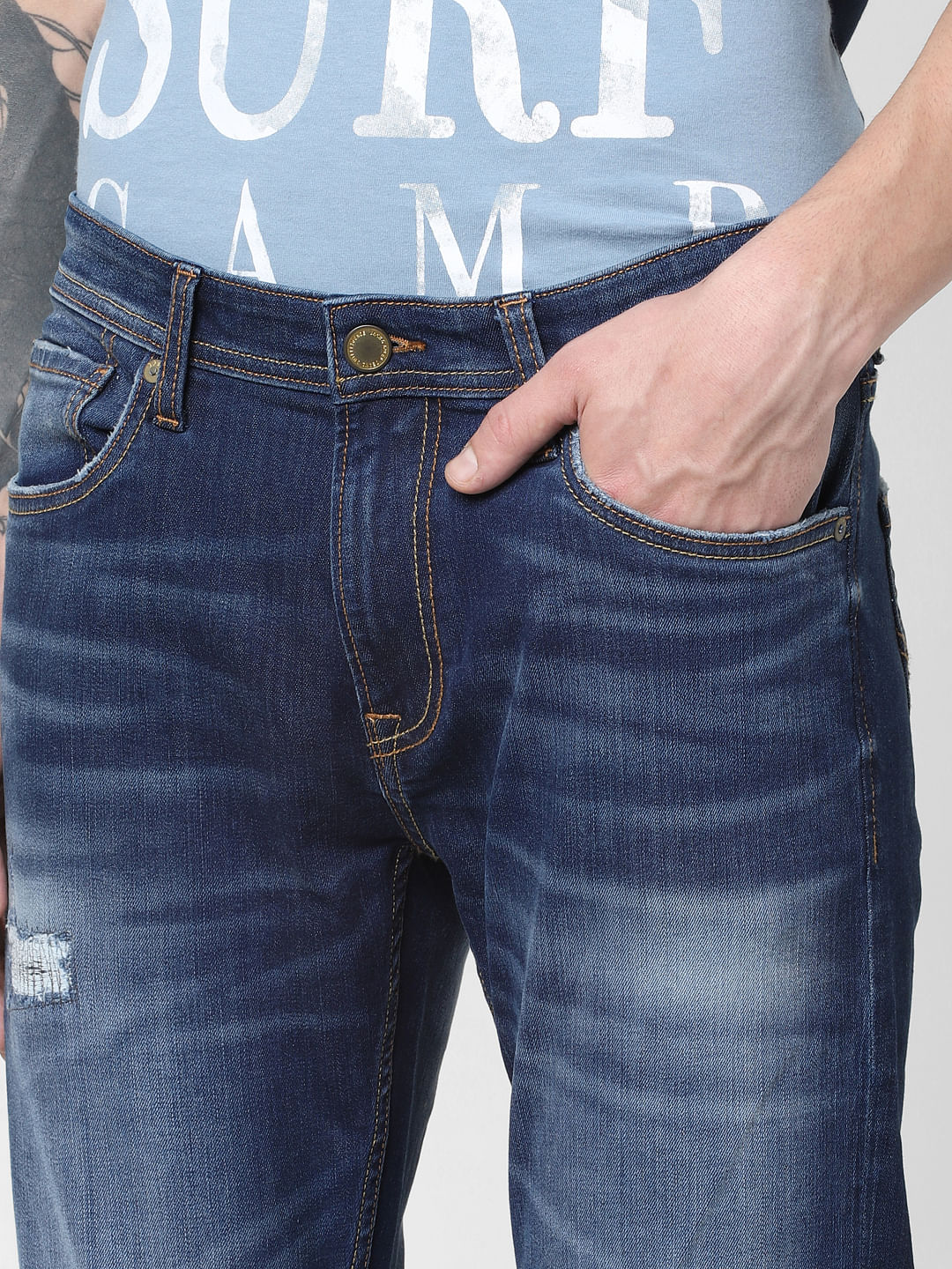Dark Blue Low Rise Washed Tim Anti Fit Jeans