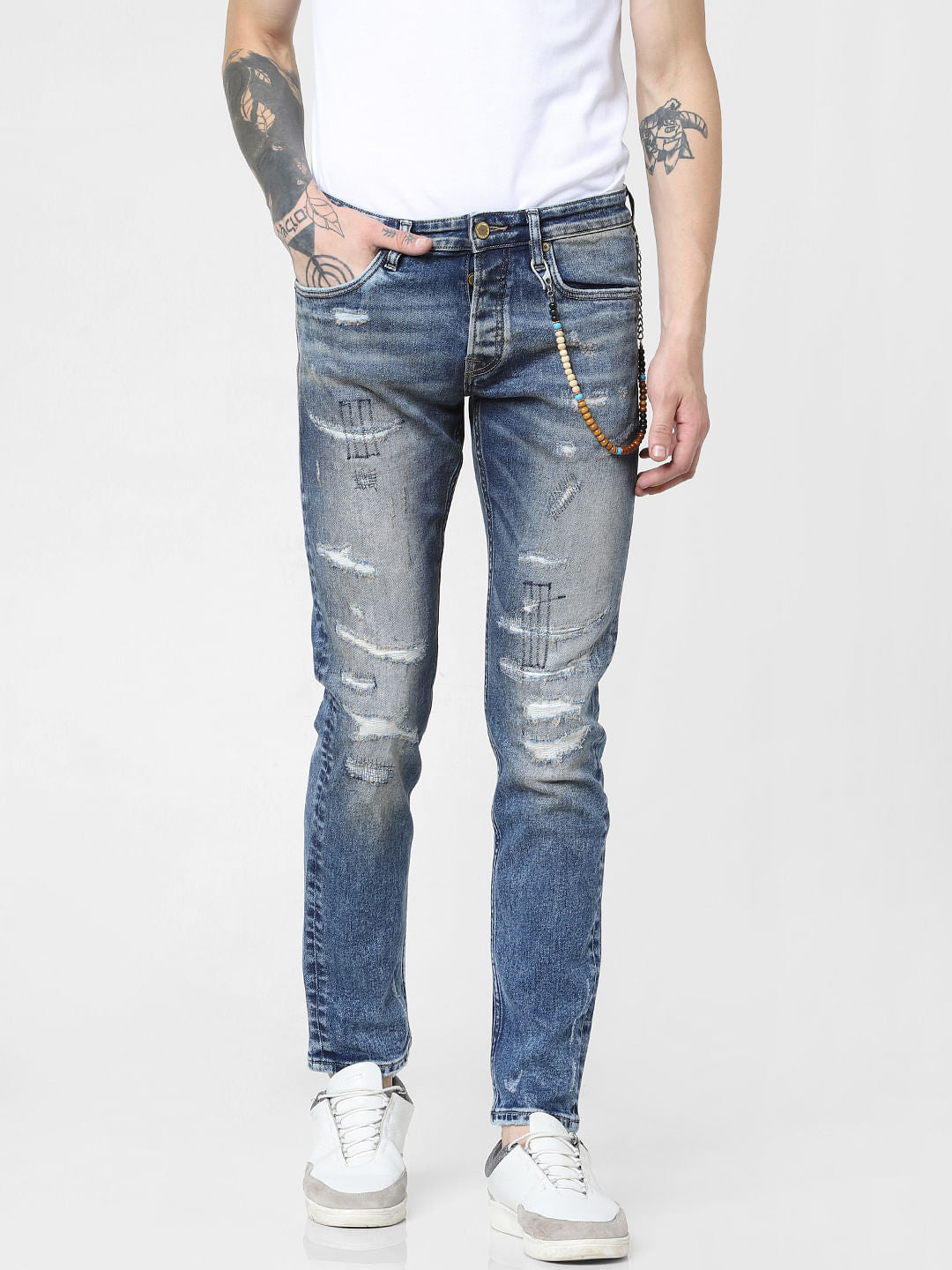 Blue Low Rise Distressed Glenn Slim Fit Jeans