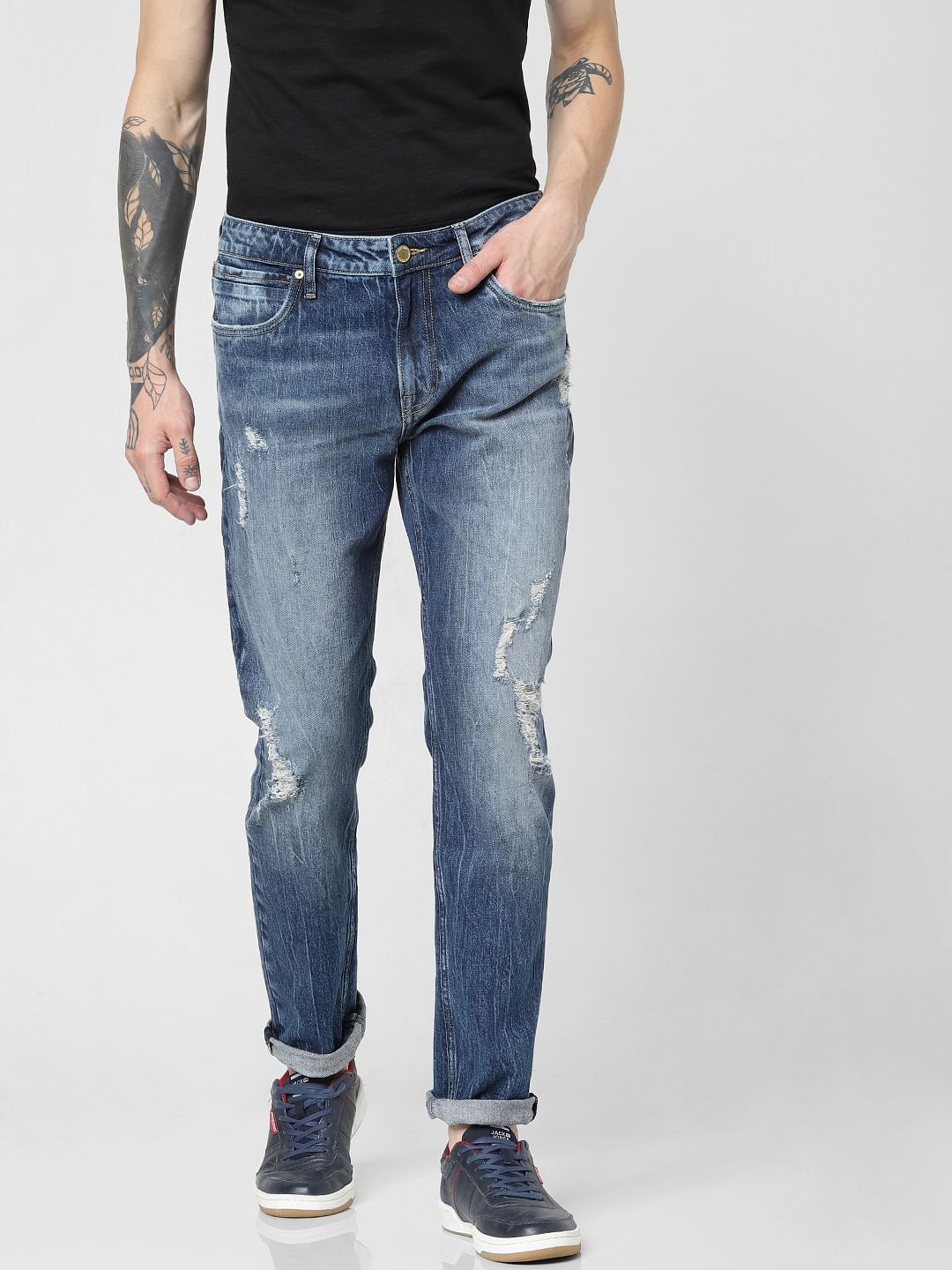 Blue Low Rise Distressed Tim Anti Fit Jeans