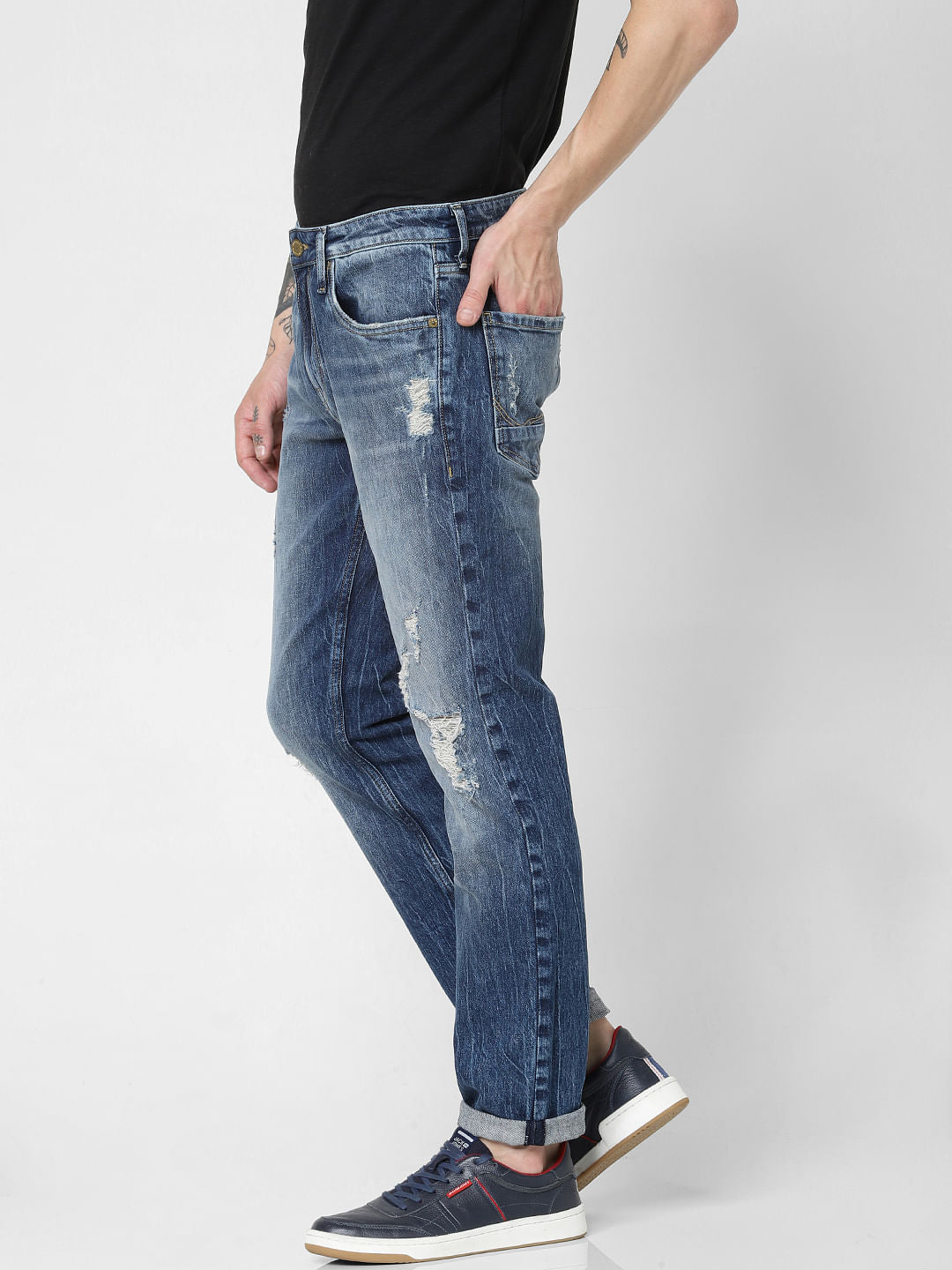 Blue Low Rise Distressed Tim Anti Fit Jeans
