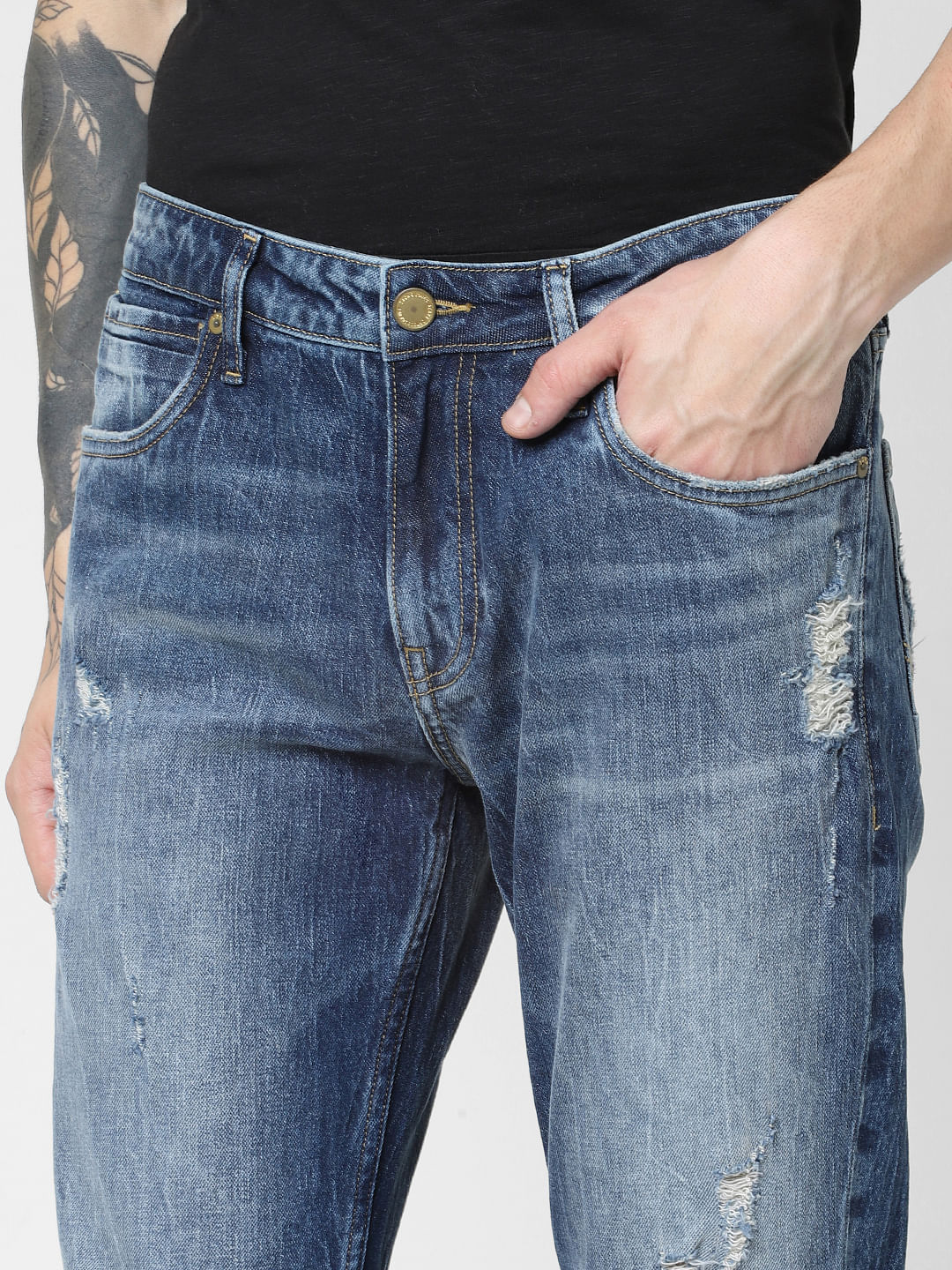 Blue Low Rise Distressed Tim Anti Fit Jeans