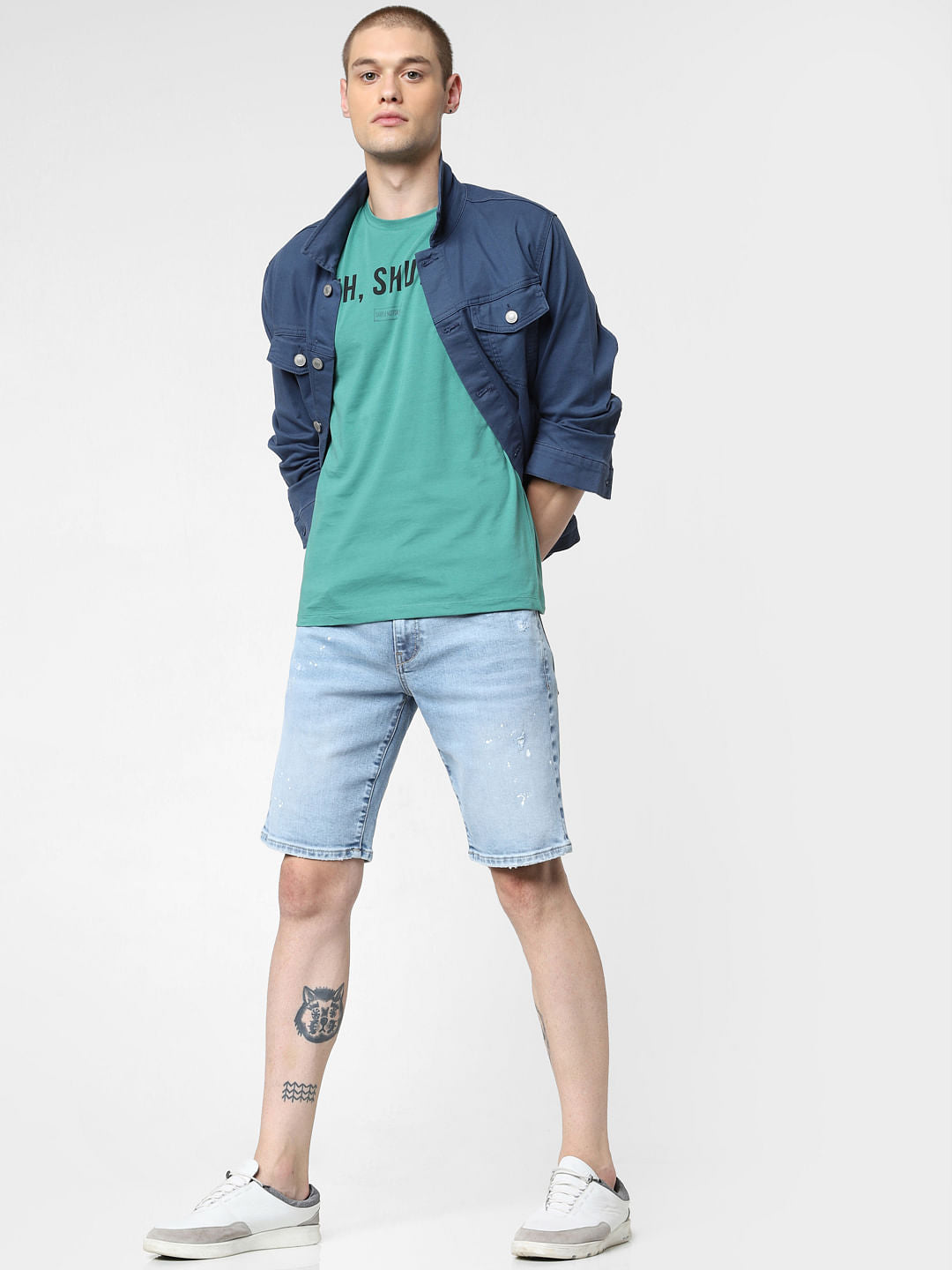 Light Blue Mid Rise Washed Denim Shorts