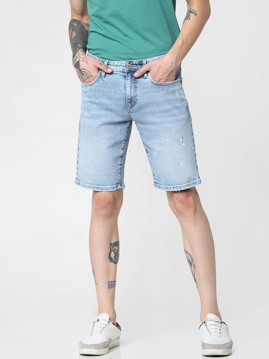 Light Blue Mid Rise Washed Denim Shorts