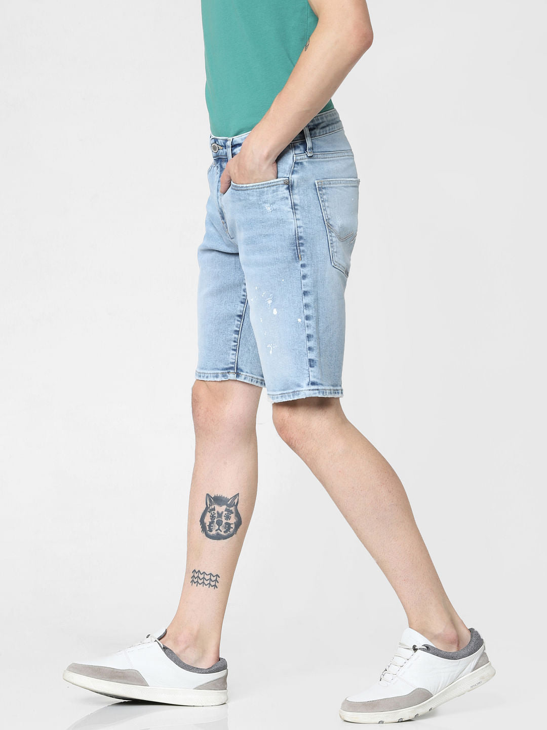 Light Blue Mid Rise Washed Denim Shorts