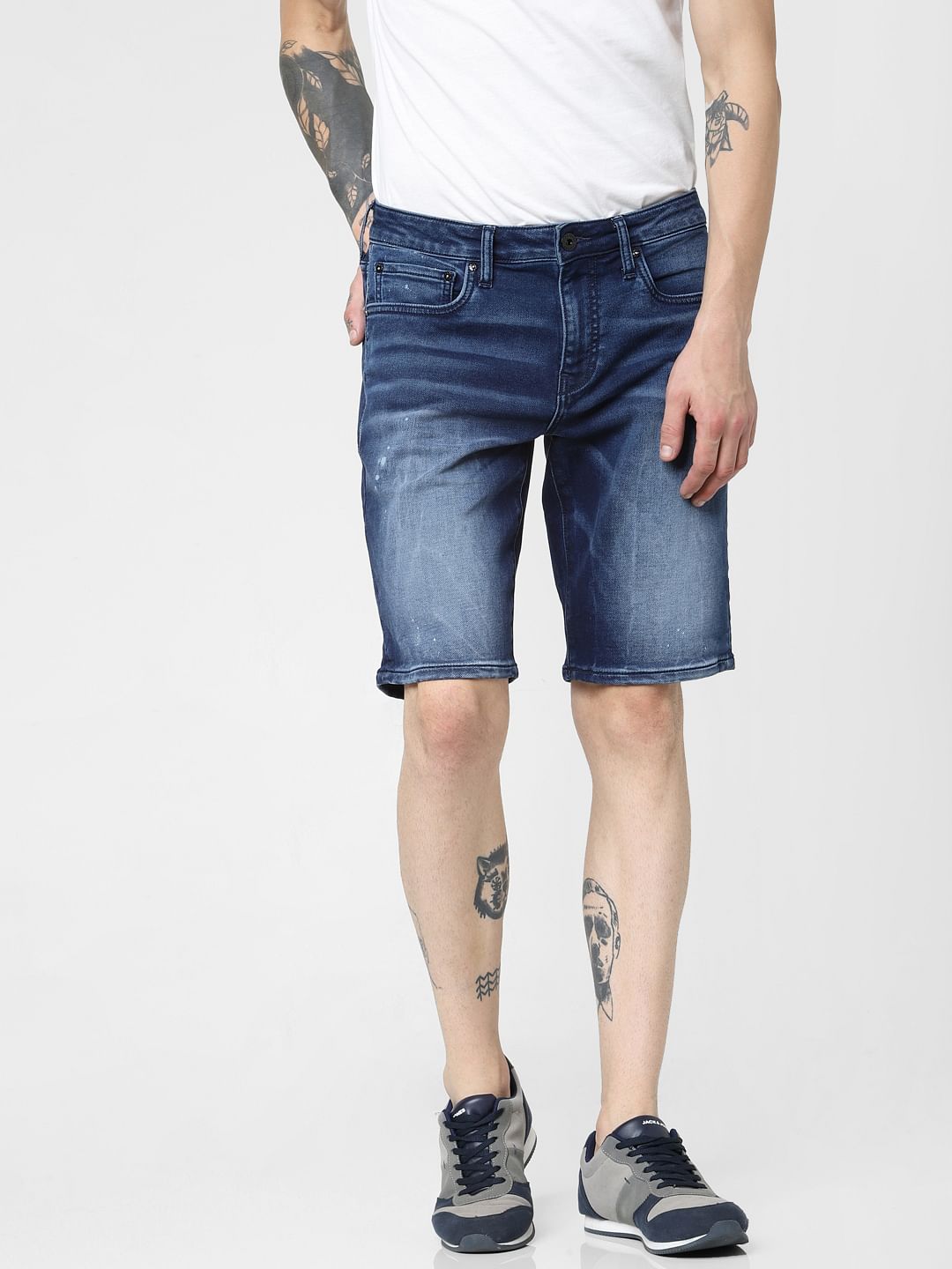 Blue Mid Rise Washed Denim Shorts