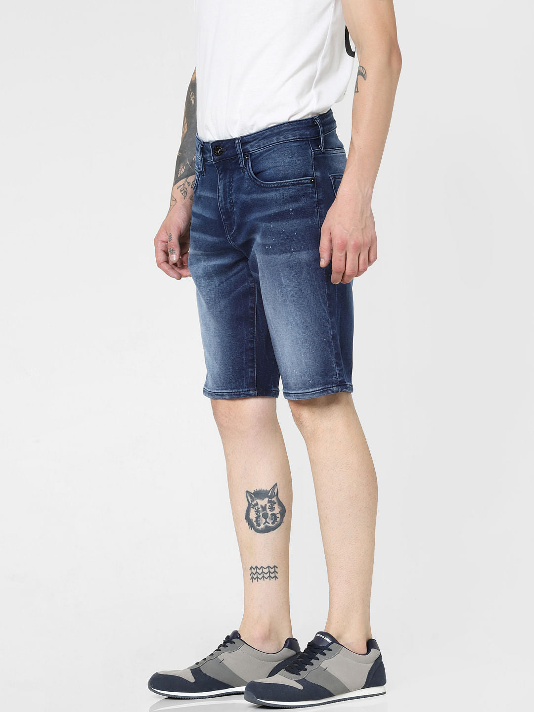 Blue Mid Rise Washed Denim Shorts