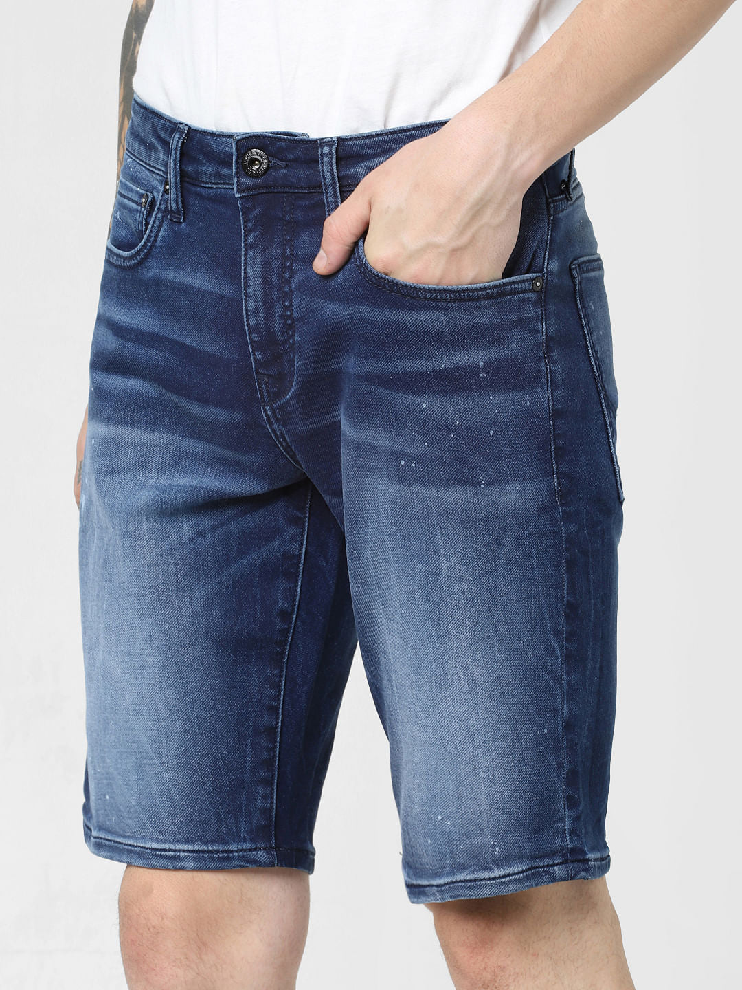 Blue Mid Rise Washed Denim Shorts
