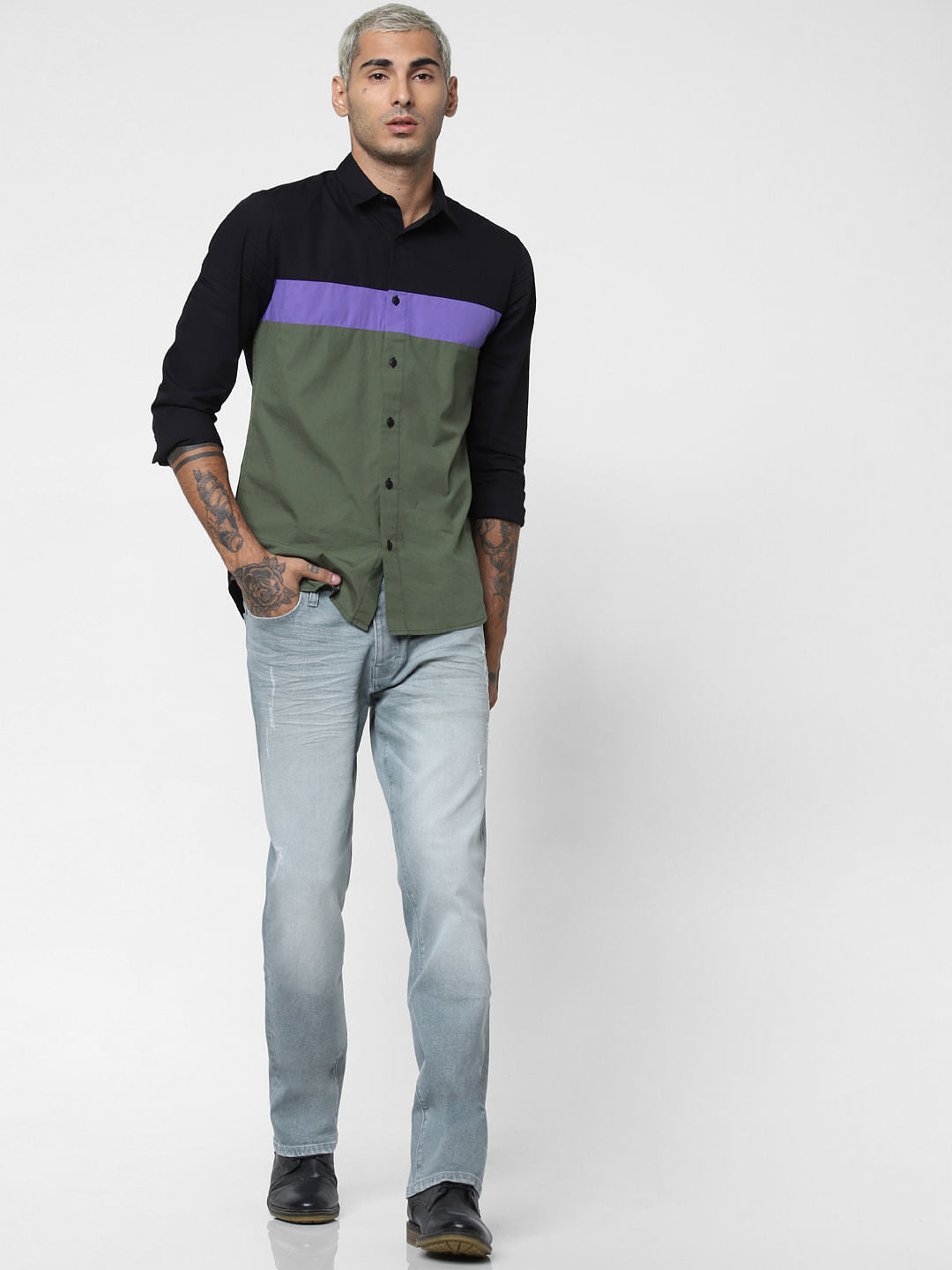 Black Colourblocked Full Sleeves Shirt