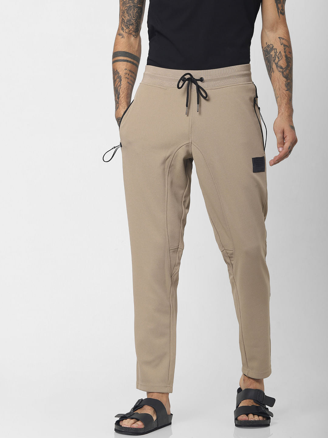 Beige Mid Rise Drawstring Sweatpants
