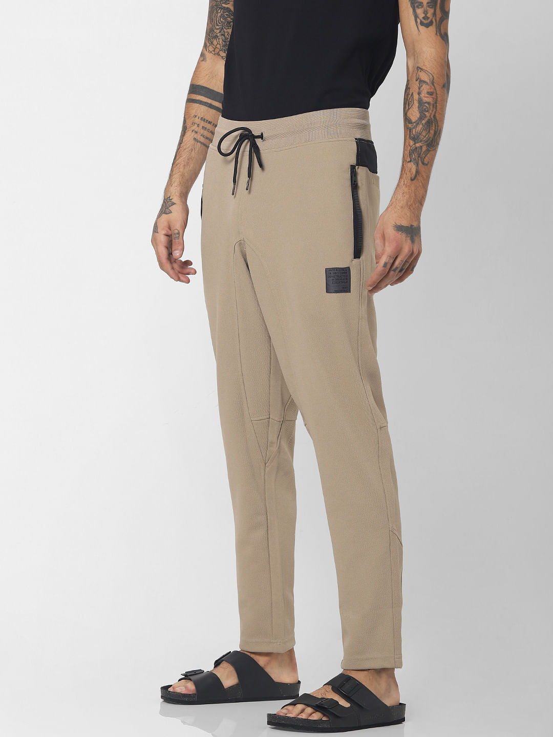 Beige Mid Rise Drawstring Sweatpants