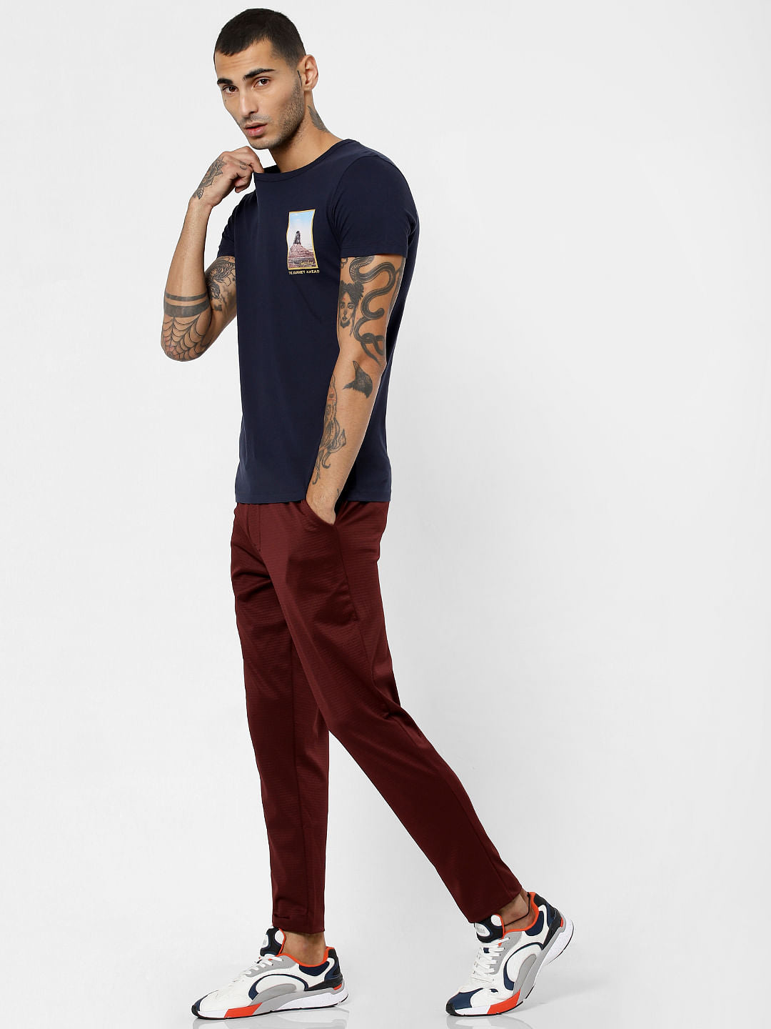 Burgundy Mid Rise Drawstring Slim Fit Pants