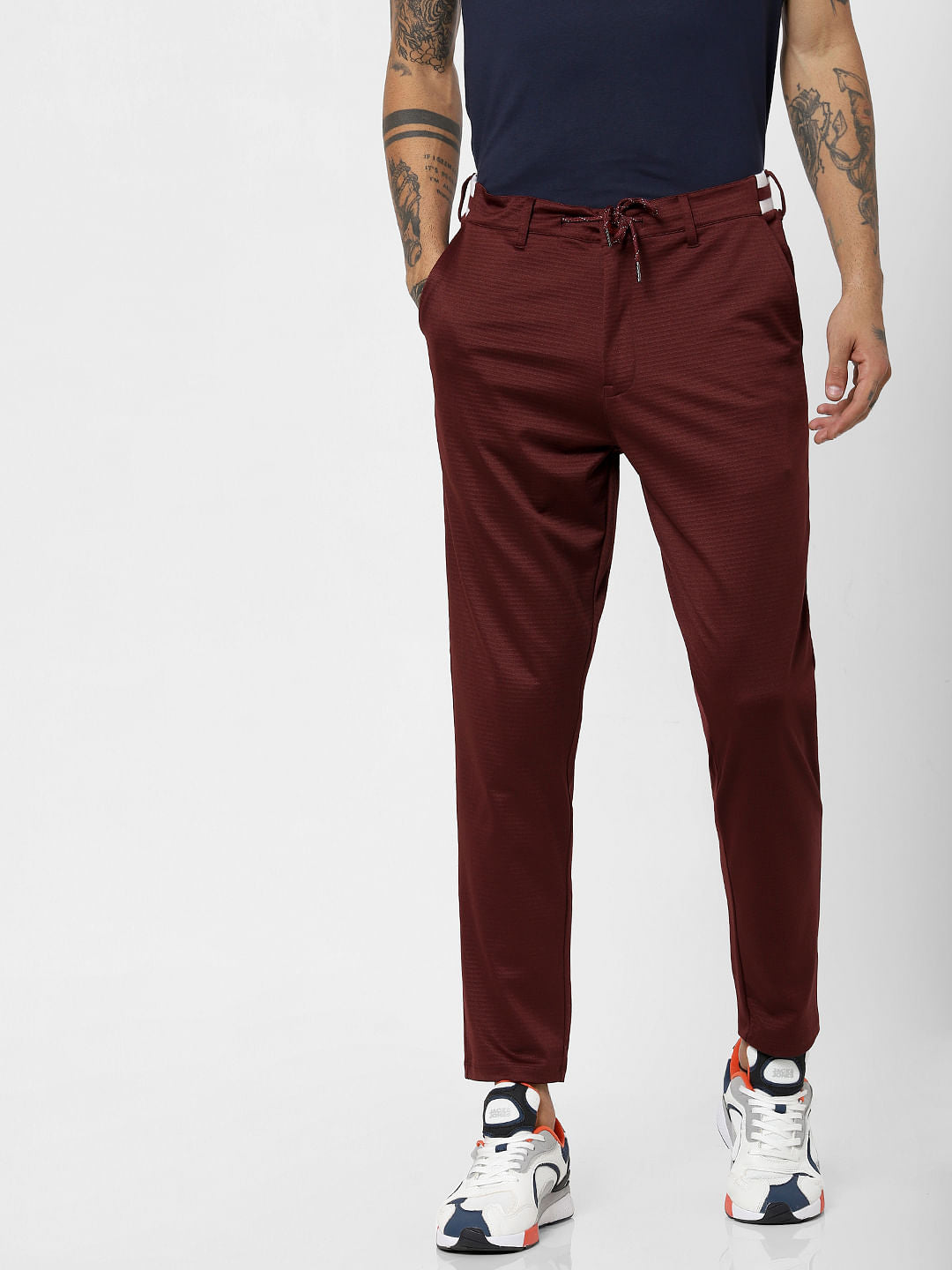 Burgundy Mid Rise Drawstring Slim Fit Pants