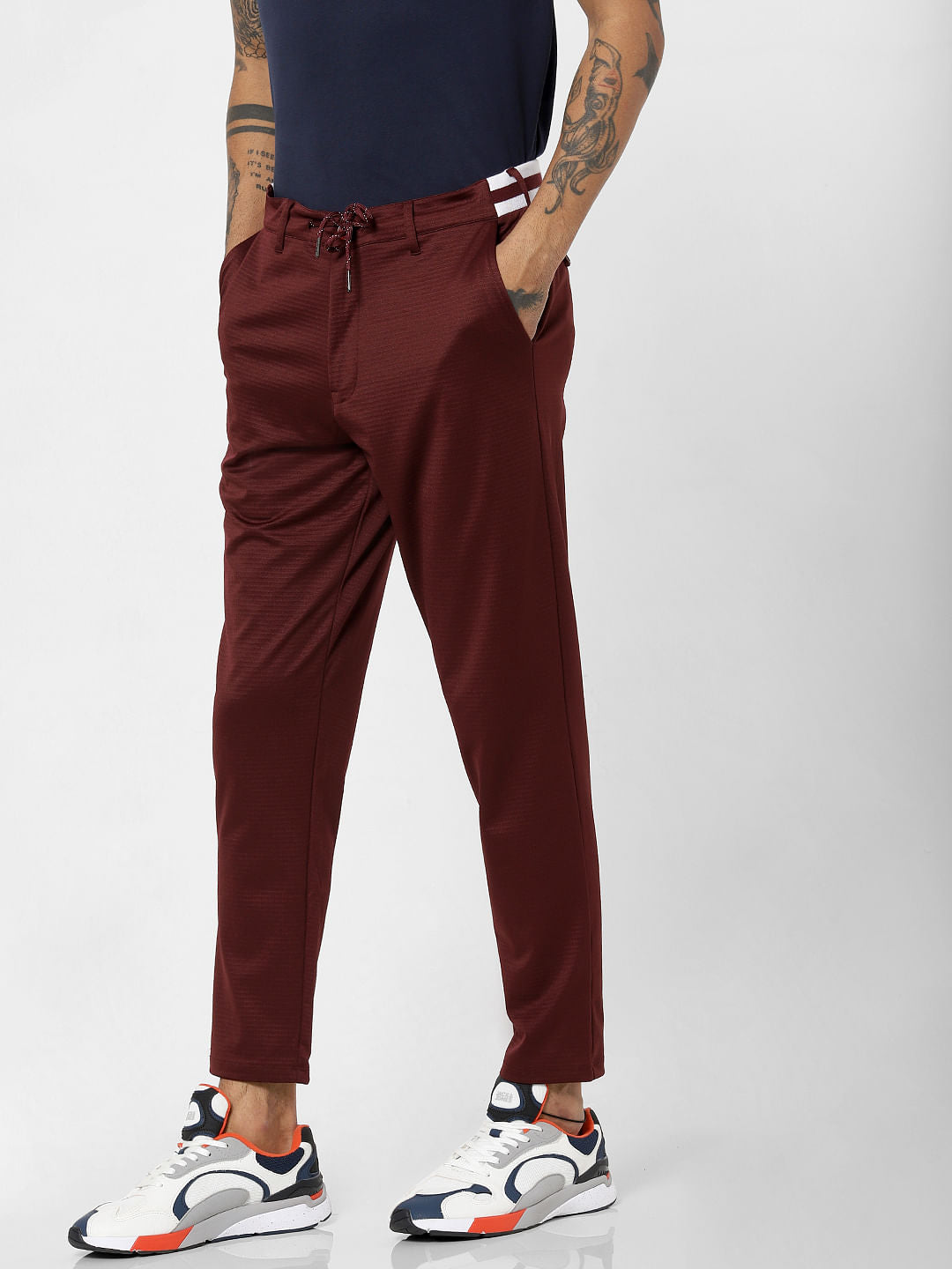 Burgundy Mid Rise Drawstring Slim Fit Pants