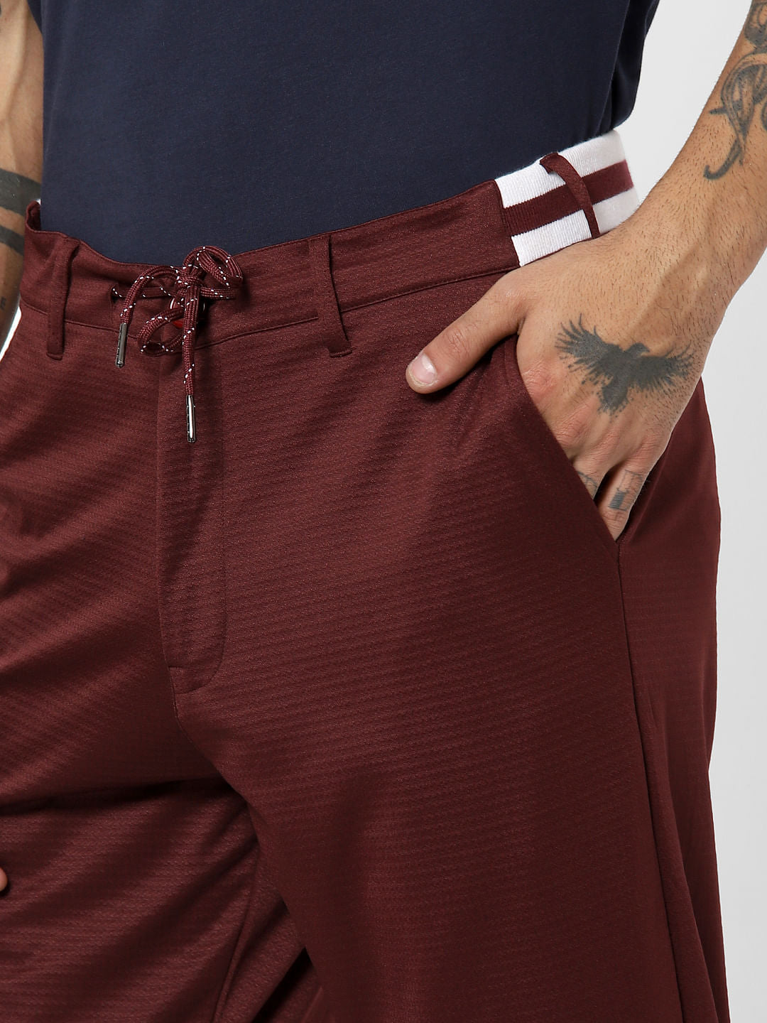 Burgundy Mid Rise Drawstring Slim Fit Pants