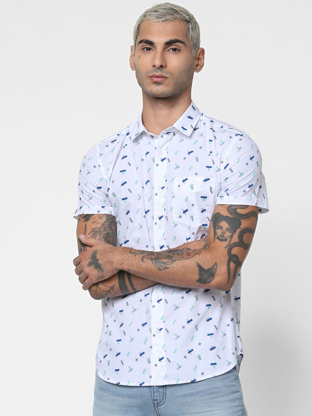 White All Over Print Short Sleeves Shirt