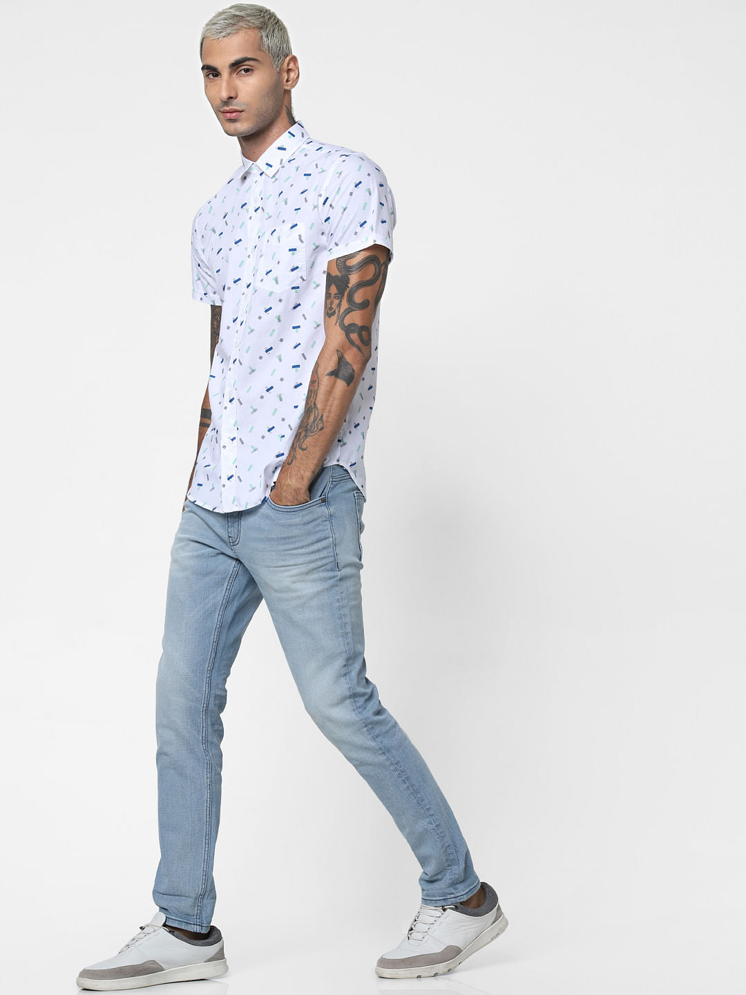 White All Over Print Short Sleeves Shirt