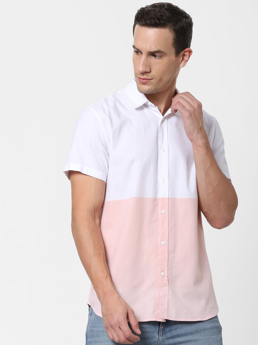 Pink Colourblocked Short Sleeves Shirt