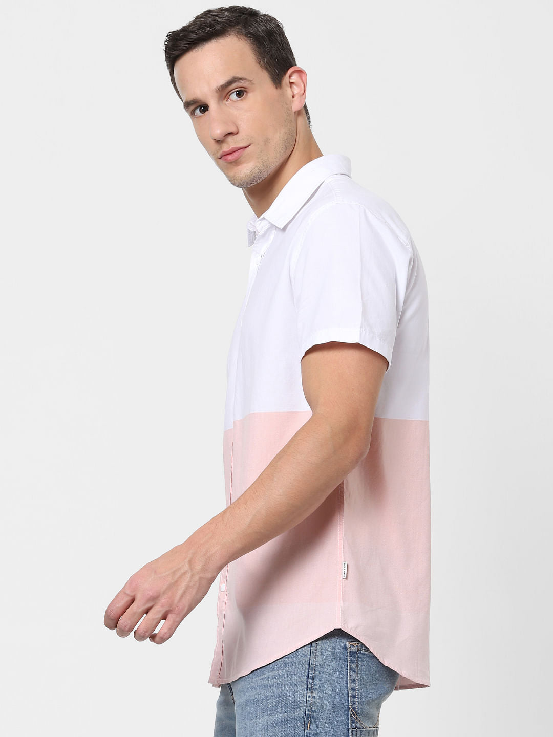 Pink Colourblocked Short Sleeves Shirt