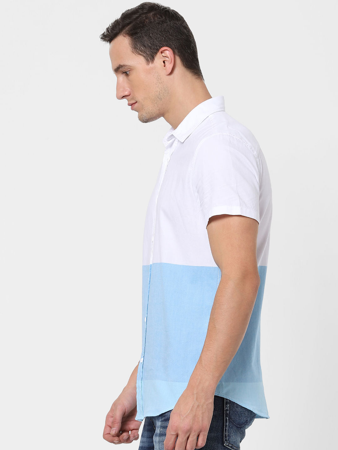 Blue Colourblocked Short Sleeves Shirt