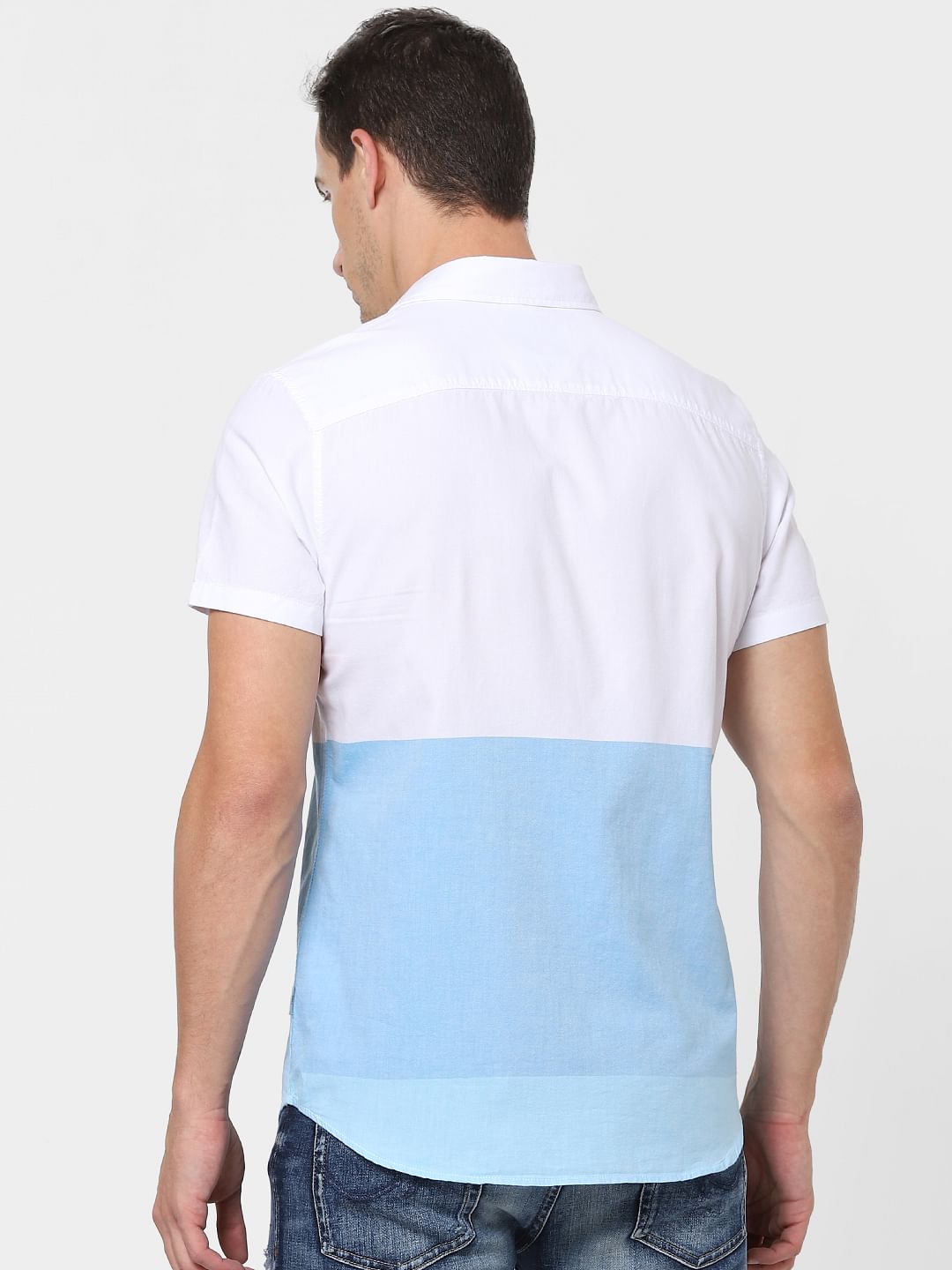 Blue Colourblocked Short Sleeves Shirt