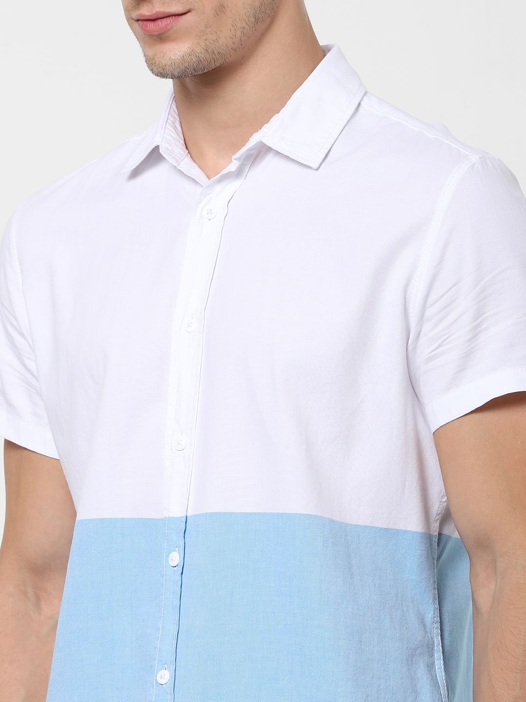 Blue Colourblocked Short Sleeves Shirt
