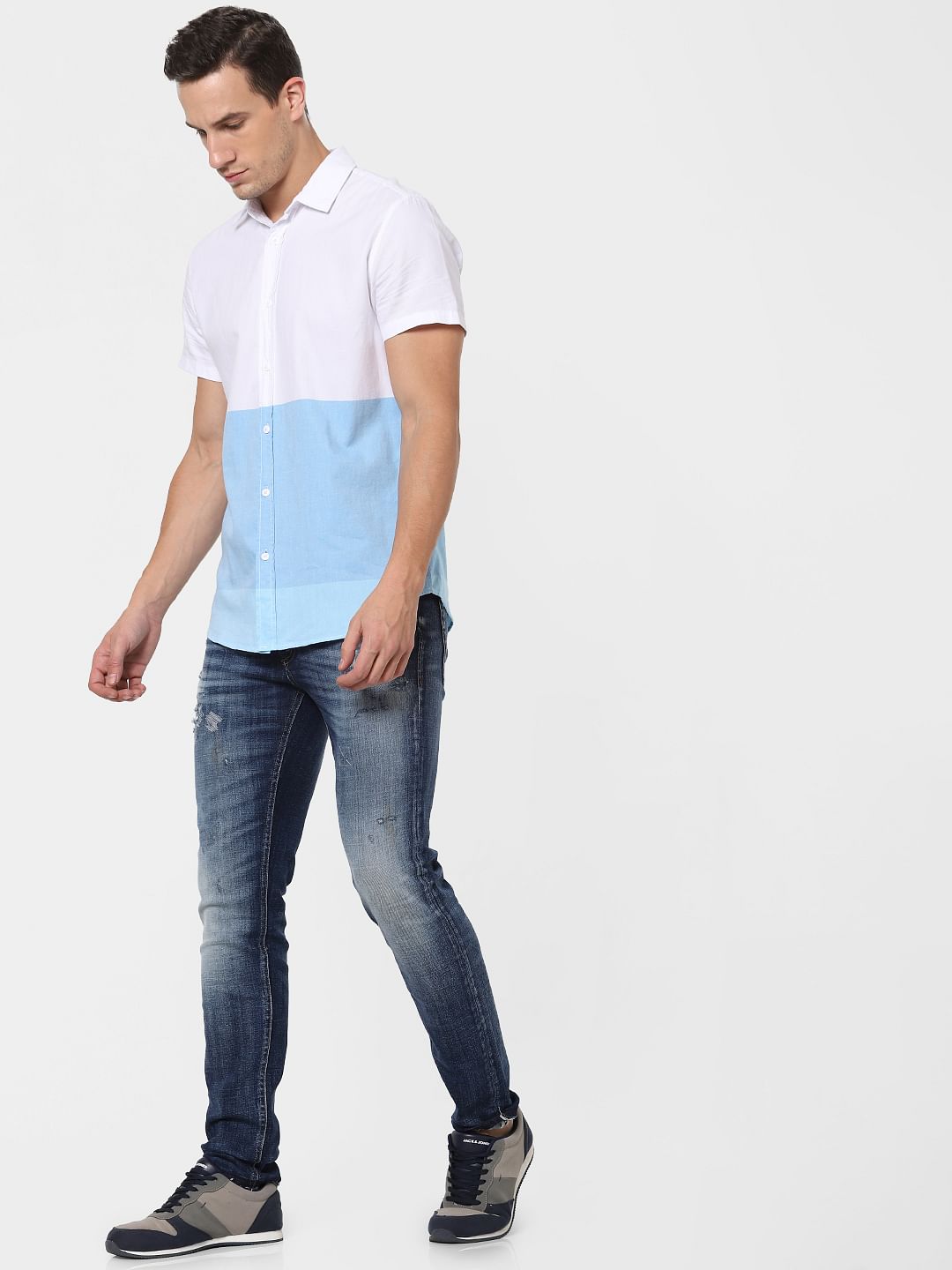 Blue Colourblocked Short Sleeves Shirt